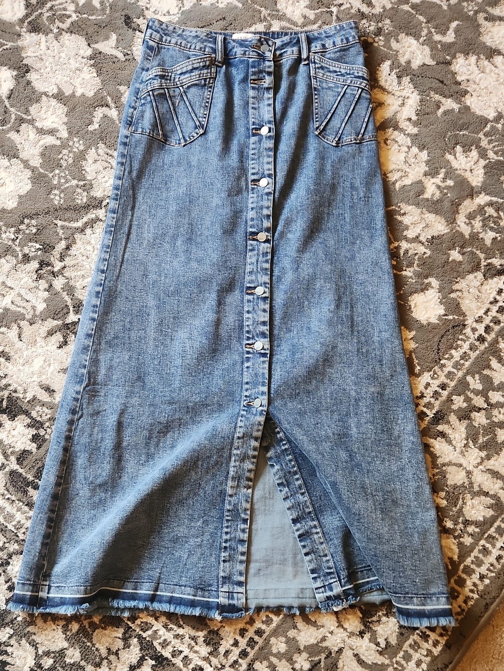 Wash Lab Light Blue Denim Maxi Skirt with Front Buttons
